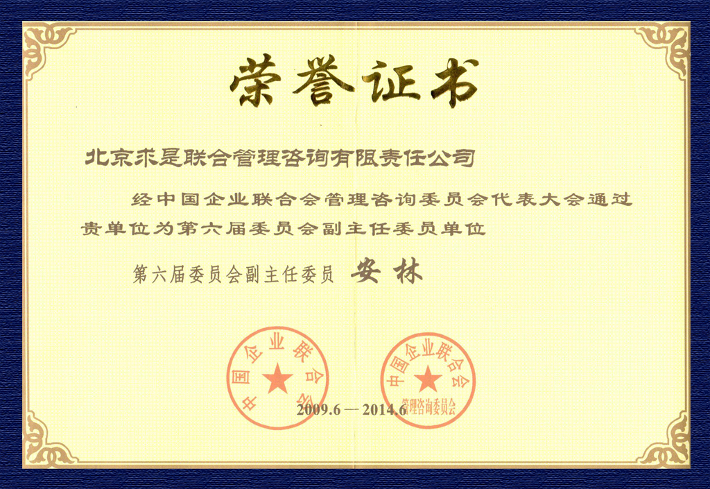 2009中國企業聯合會管理咨詢委員會副主任委員榮譽證書